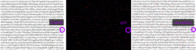the original text image followed by the diff with a recreated image. the difference shows that an m was mismatched as an r