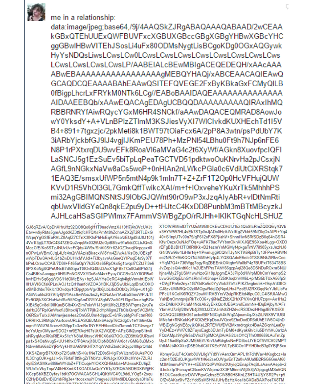 tumblr post of screenshots that start with 'me in a relationship', followed by a long base64 string